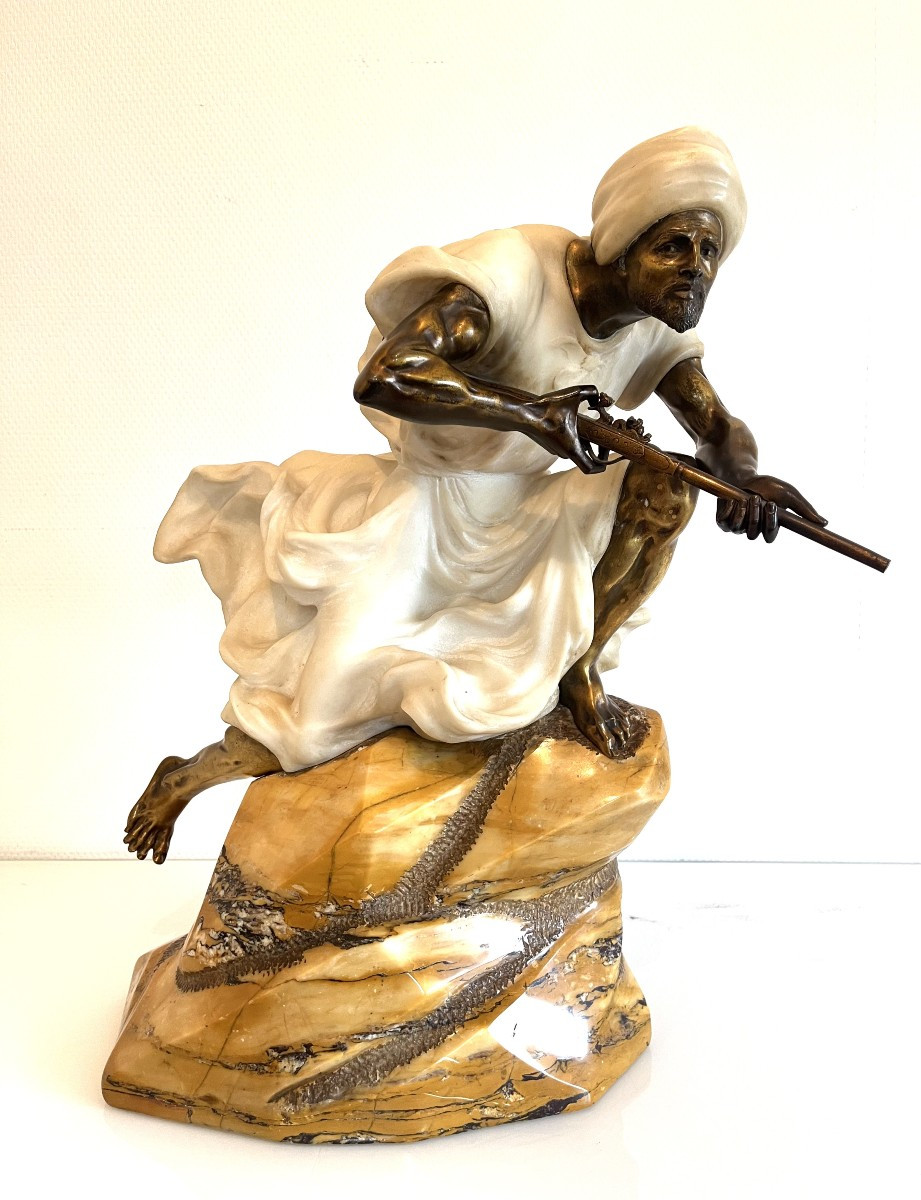 Gori "orientalist Hunter" Bronze And Marble Art Nouveau 