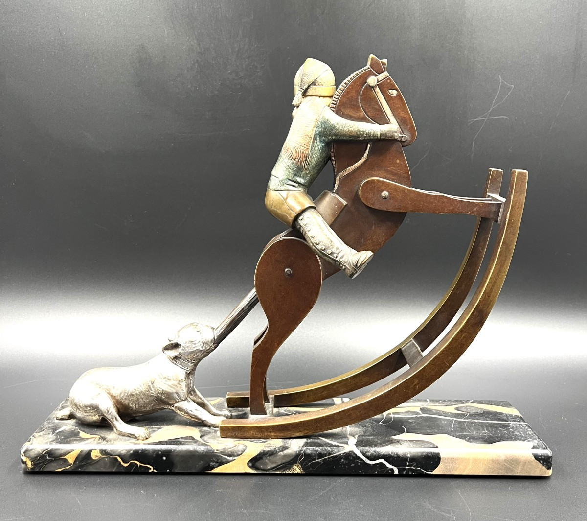 André Vincent Becquerel Groupe chryséléphantin - Enfant au cheval et au chien Art Déco -photo-4