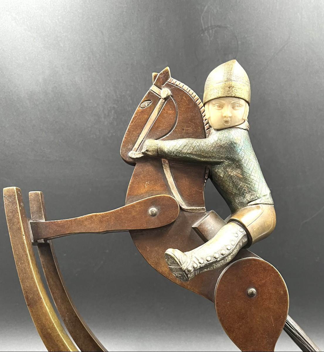 André Vincent Becquerel Groupe chryséléphantin - Enfant au cheval et au chien Art Déco -photo-2