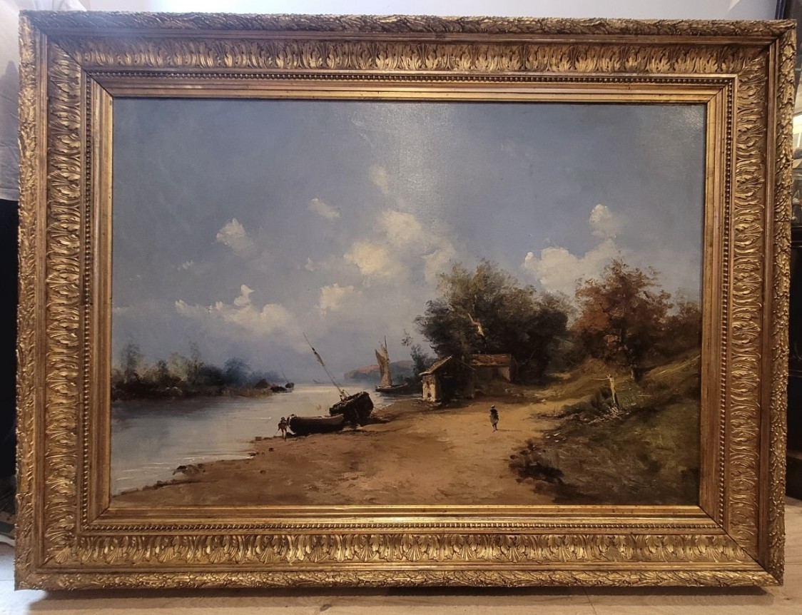 Paire de marines et paysage côtier- huile sur toile signé Godchau, XIXe siècle -photo-2