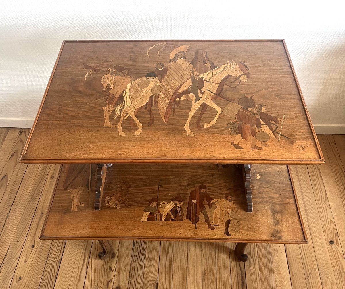 Emile Gallé - rare table à deux plateaux marquetés 