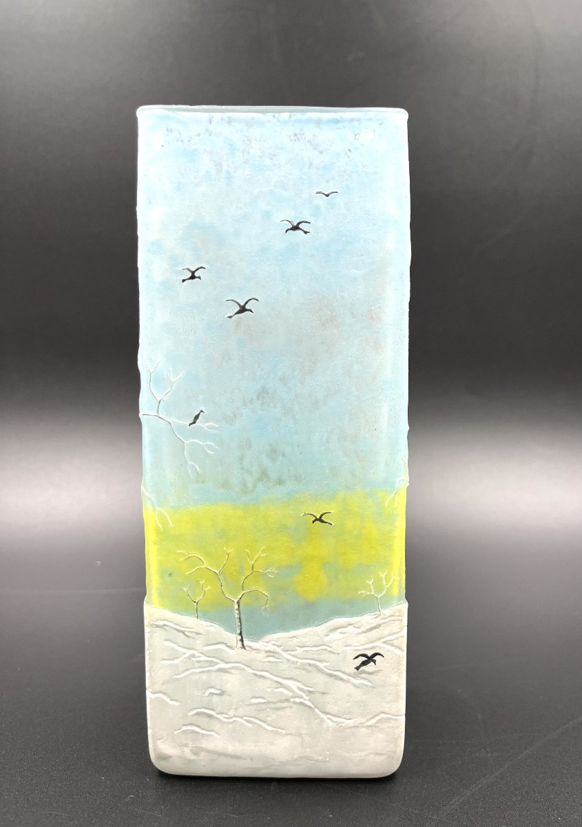 Daum Nancy – Rare “crow In The Snow” Vase – Circa 1900-photo-4