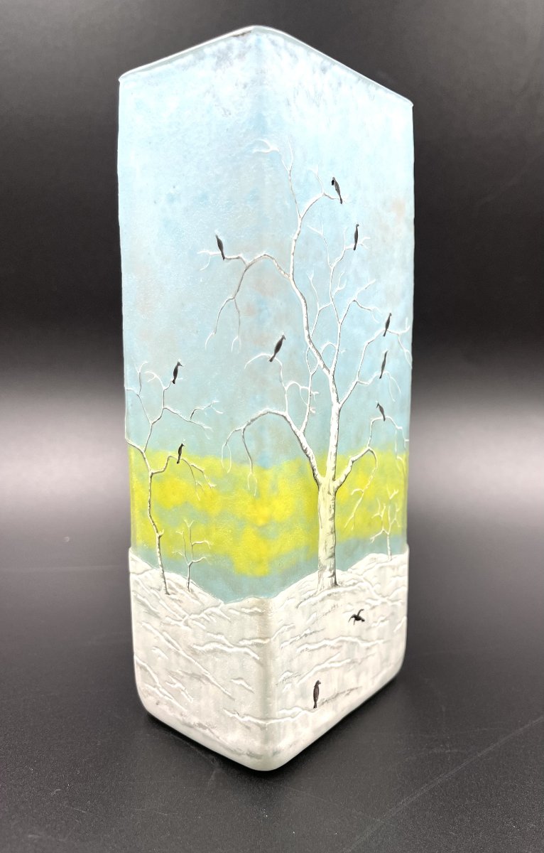 Daum Nancy – Rare “crow In The Snow” Vase – Circa 1900-photo-2