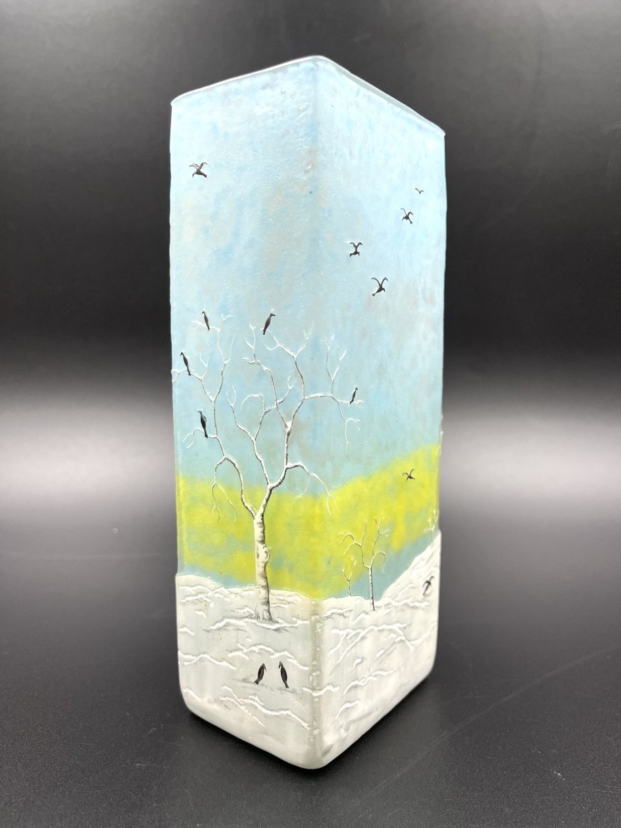 Daum Nancy – Rare “crow In The Snow” Vase – Circa 1900-photo-1