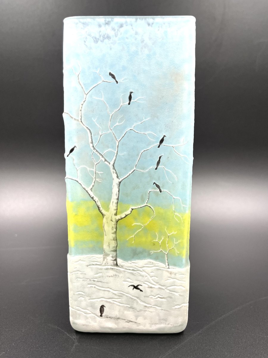 Daum Nancy – Rare “crow In The Snow” Vase – Circa 1900