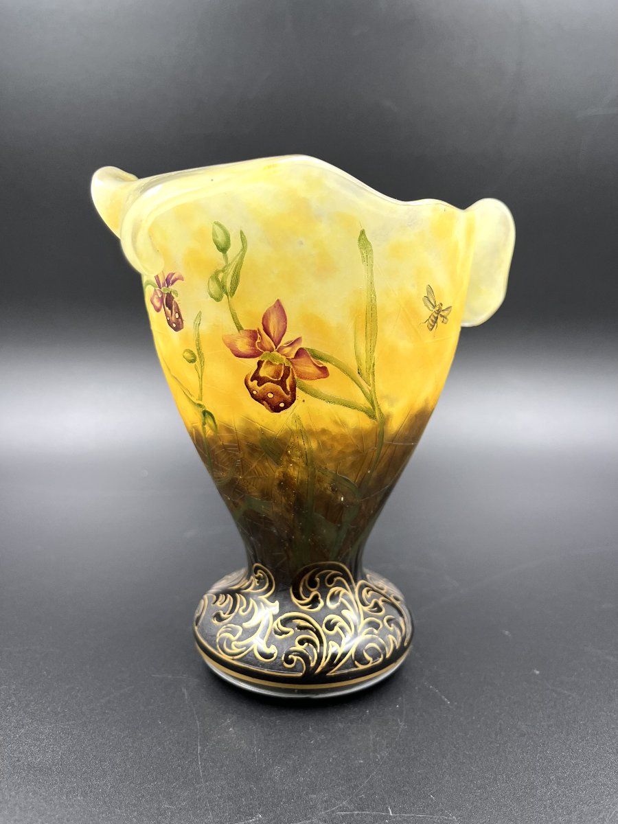 DAUM NANCY – Vase Art Nouveau « Ophrys, abeilles et toile d’araignée » – vers 1900-photo-2