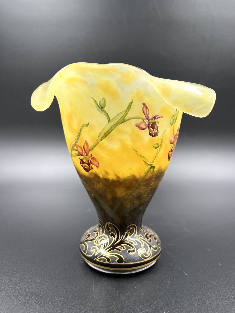 DAUM NANCY – Vase Art Nouveau « Ophrys, abeilles et toile d’araignée » – vers 1900-photo-3