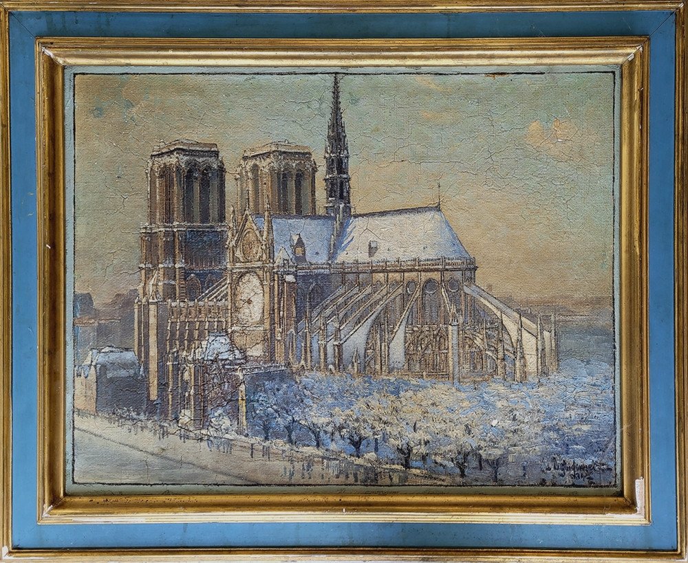 Tableau Début XXe Notre Dame De Paris Sous La Neige