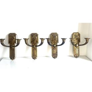 Four Art Deco Wall Sconces In Gilt Bronze - Circa 1930