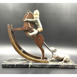 André Vincent Becquerel Chryselephantine Group - Child With Horse And Dog Art Deco