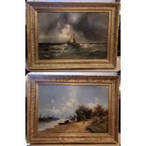 Pair Of Seascapes And Coastal Landscape - Oil On Canvas Signed Godchau, 19th Century