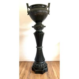 Colonne et cache-pot en céramique émaillée dans l’esprit de Clément Massier – Fin XIXᵉ siècle