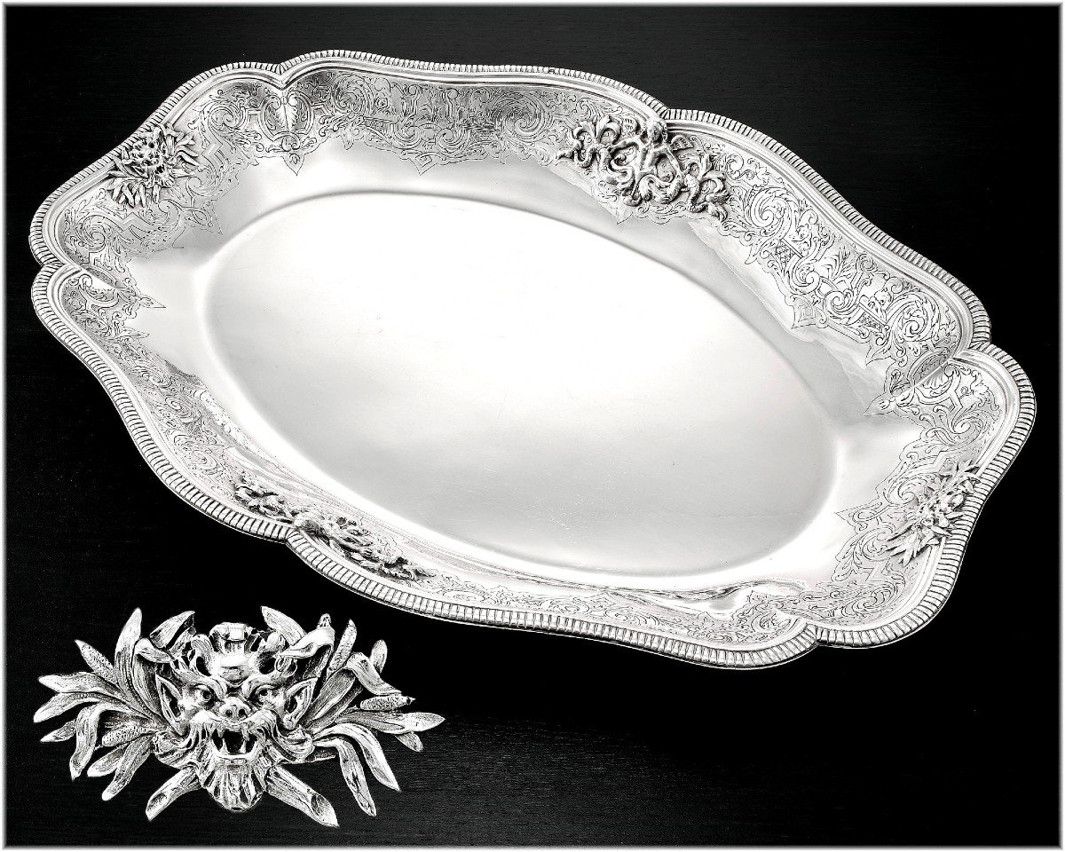Tiffany :  Antique Sterling Silver Regency Style Centerpiece - Hollow Dish Fauns & Melusina Decor-photo-3