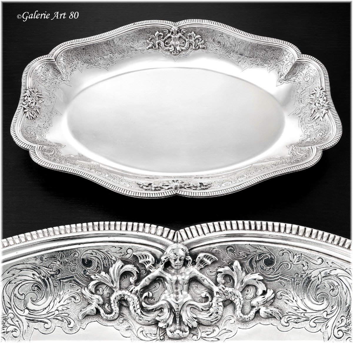 Tiffany :  Antique Sterling Silver Regency Style Centerpiece - Hollow Dish Fauns & Melusina Decor-photo-1