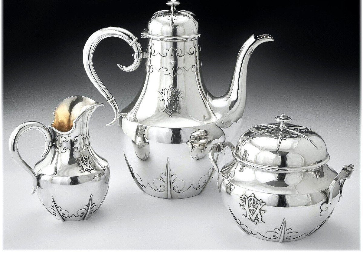 Armand-Edouard CARDEILHAC : Service à Thé ou Café en Argent Massif & Vermeil st. Renaissance Fer de Lance