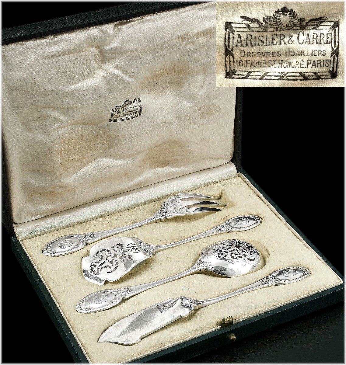 Risler & Carre : Antique French Sterling Silver Hors d'Oeuvre Serving Set Mascarons / Greenman  - Original Box -photo-2