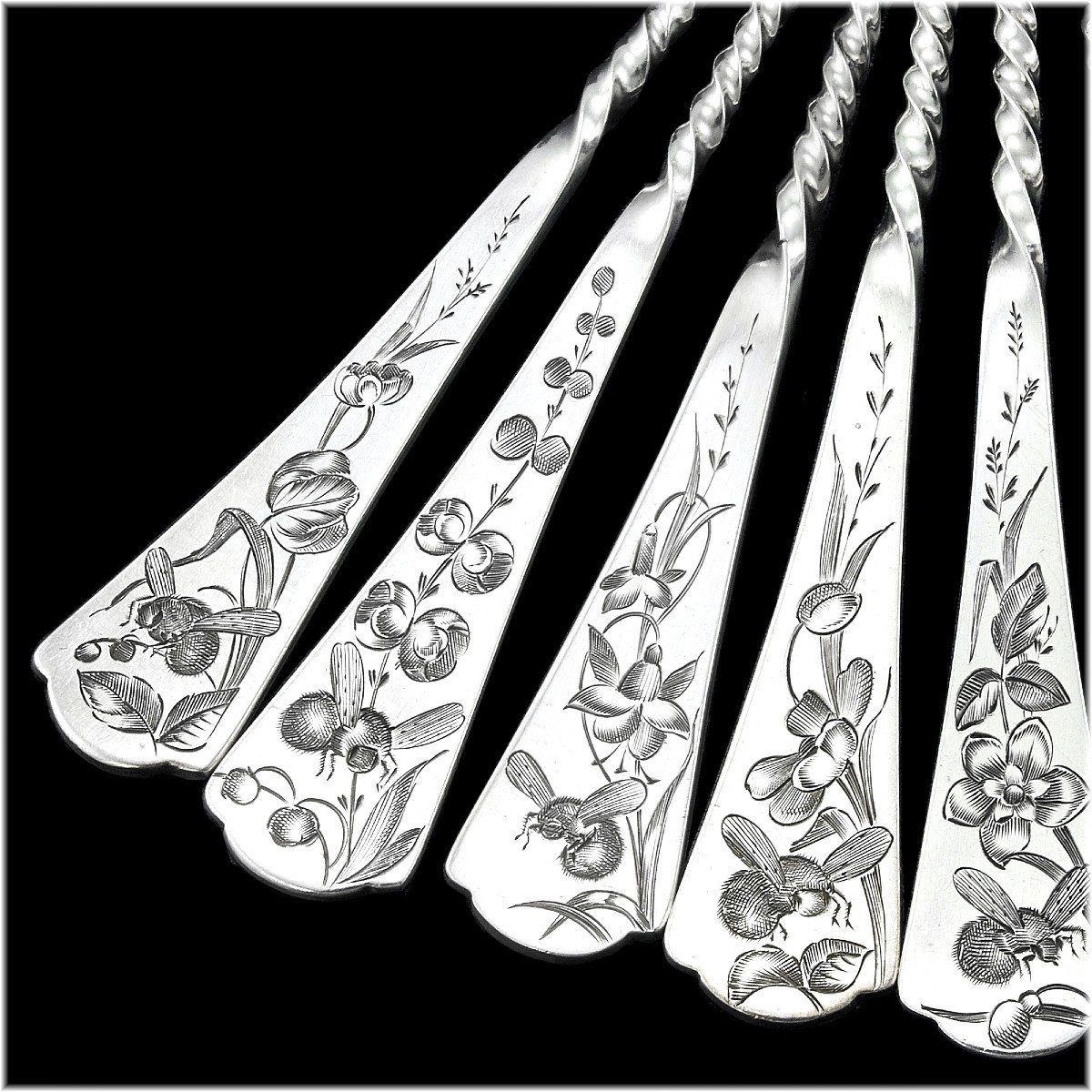 Debain: Antique French Sterling Silver & Vermeil 18-piece Tea Spoon - Dessert Service - Japonisme Decor C. 1900-photo-3