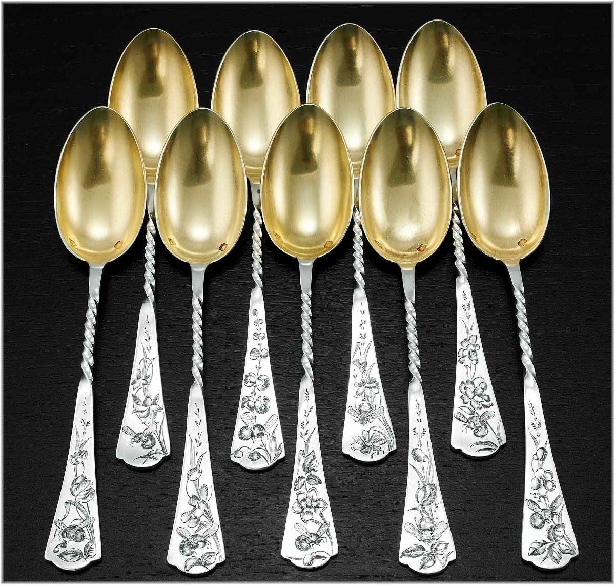 Debain: Antique French Sterling Silver & Vermeil 18-piece Tea Spoon - Dessert Service - Japonisme Decor C. 1900-photo-4