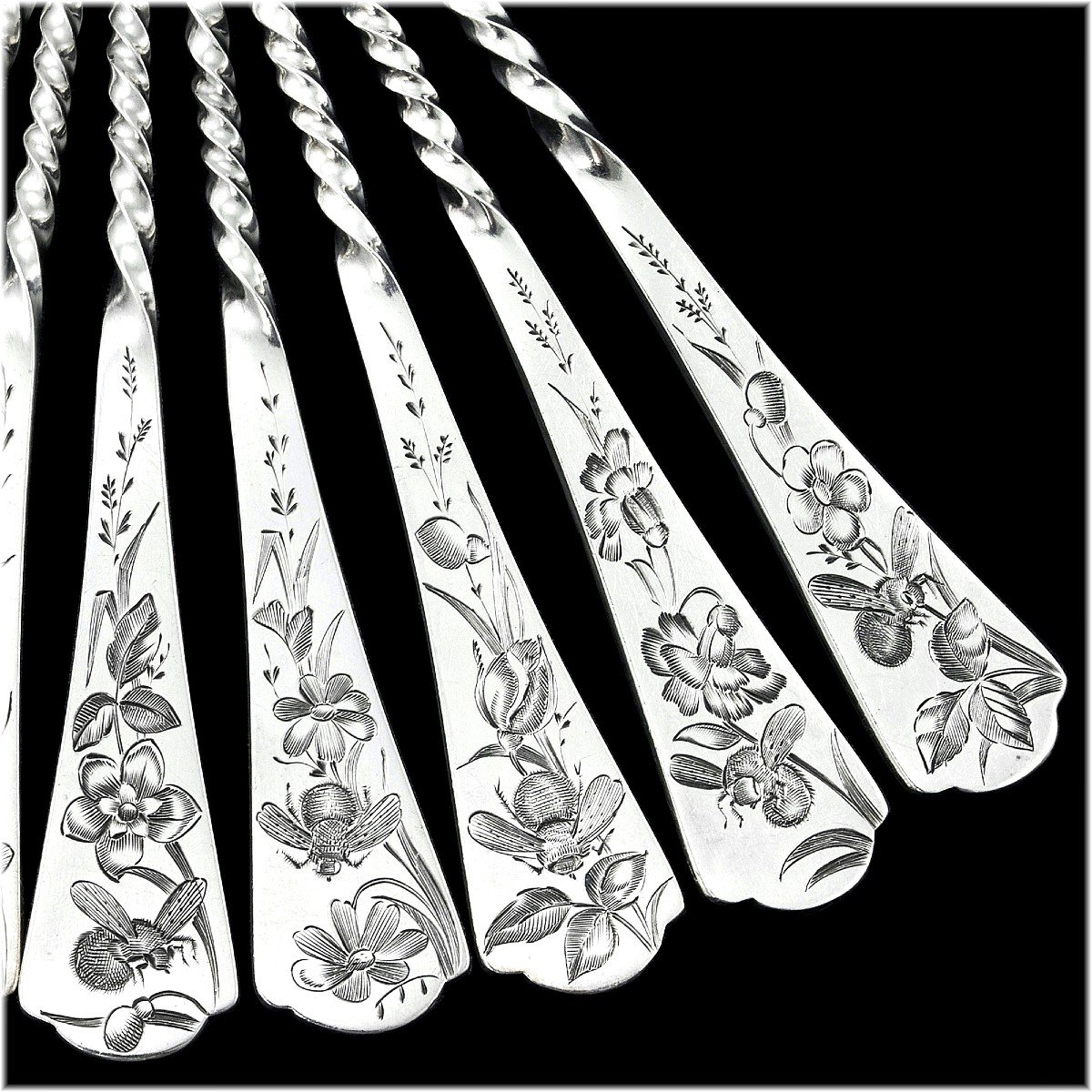 Debain: Antique French Sterling Silver & Vermeil 18-piece Tea Spoon - Dessert Service - Japonisme Decor C. 1900-photo-1