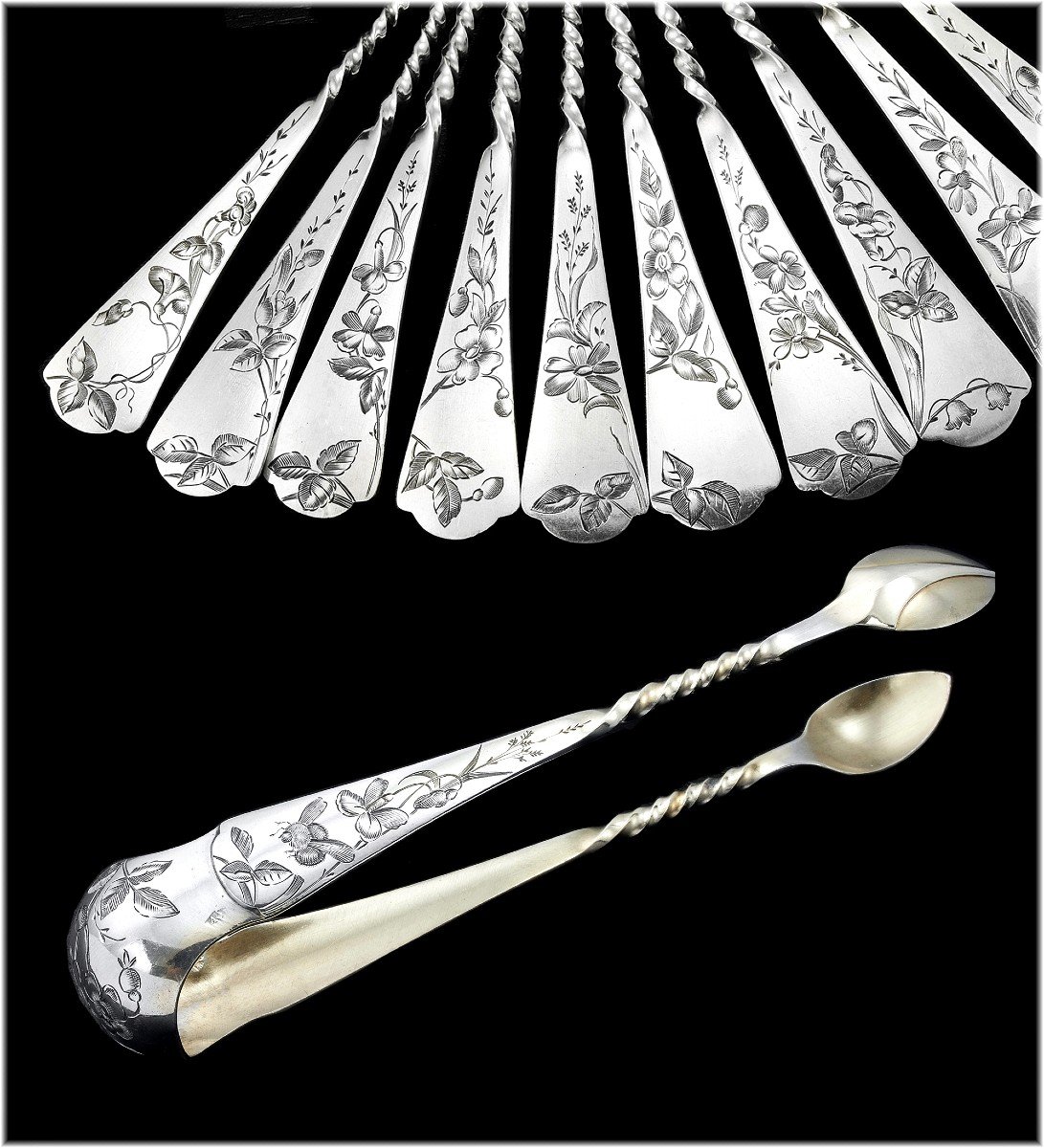 Debain: Antique French Sterling Silver & Vermeil 18-piece Tea Spoon - Dessert Service - Japonisme Decor C. 1900-photo-3