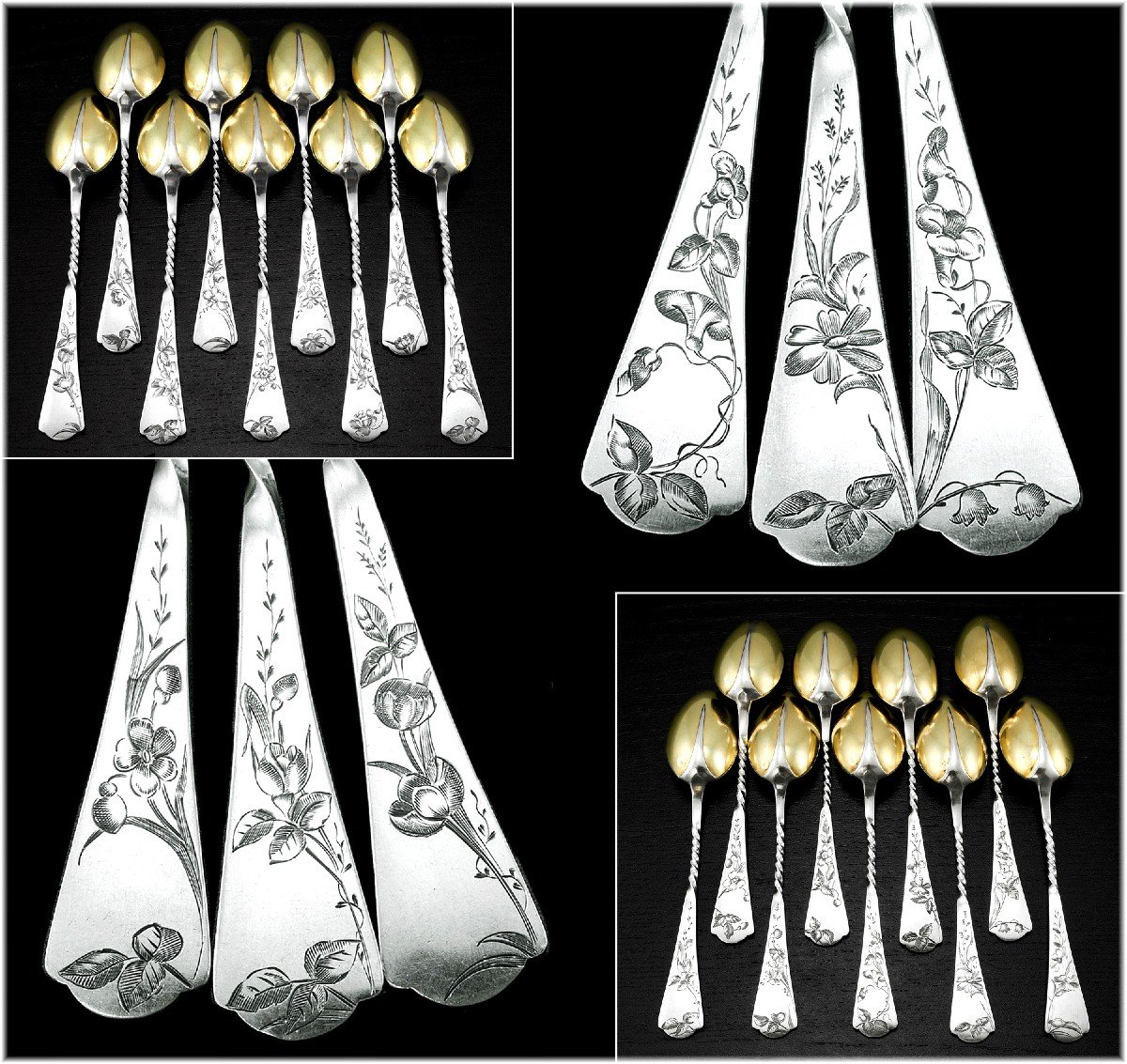 Debain: Antique French Sterling Silver & Vermeil 18-piece Tea Spoon - Dessert Service - Japonisme Decor C. 1900-photo-4