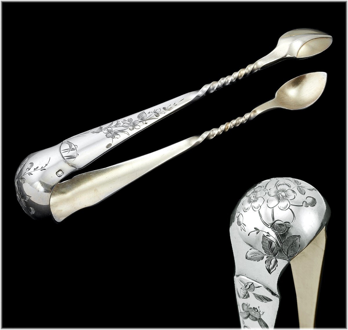 Debain: Antique French Sterling Silver & Vermeil 18-piece Tea Spoon - Dessert Service - Japonisme Decor C. 1900-photo-5