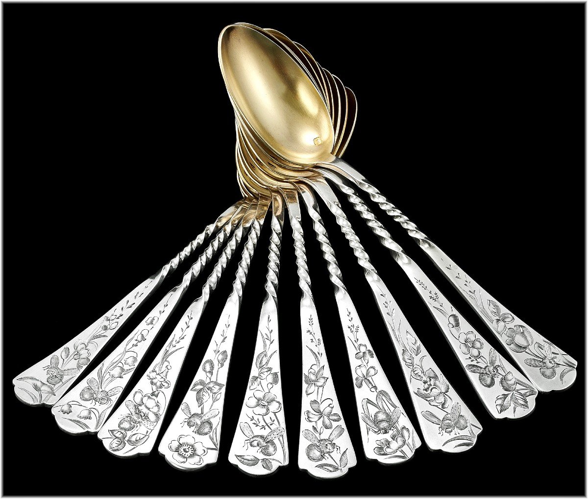 Debain: Antique French Sterling Silver & Vermeil 18-piece Tea Spoon - Dessert Service - Japonisme Decor C. 1900-photo-6