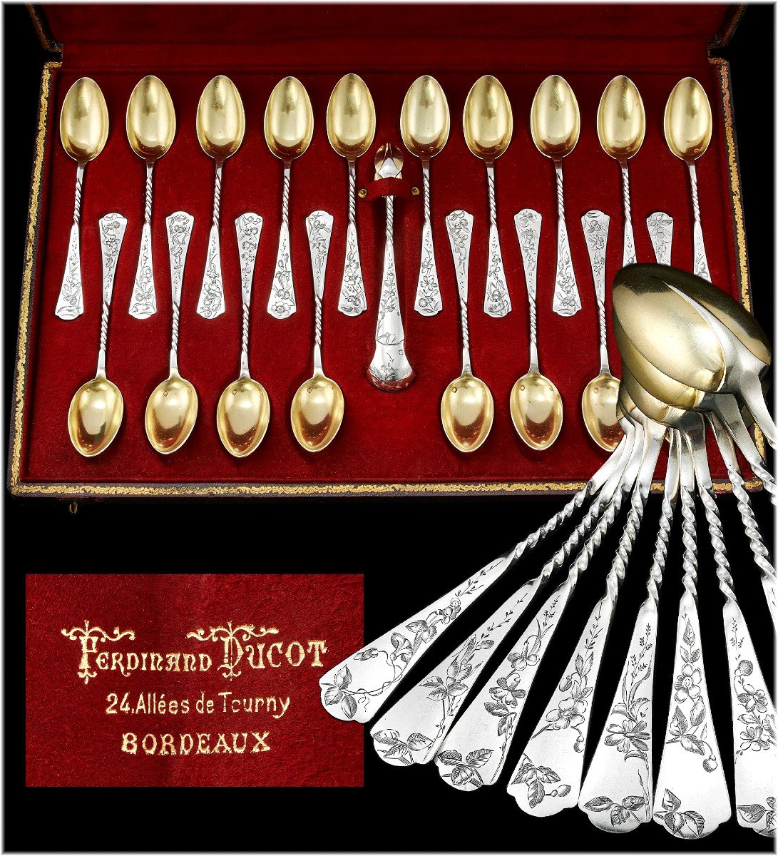 Debain: Antique French Sterling Silver & Vermeil 18-piece Tea Spoon - Dessert Service - Japonisme Decor C. 1900