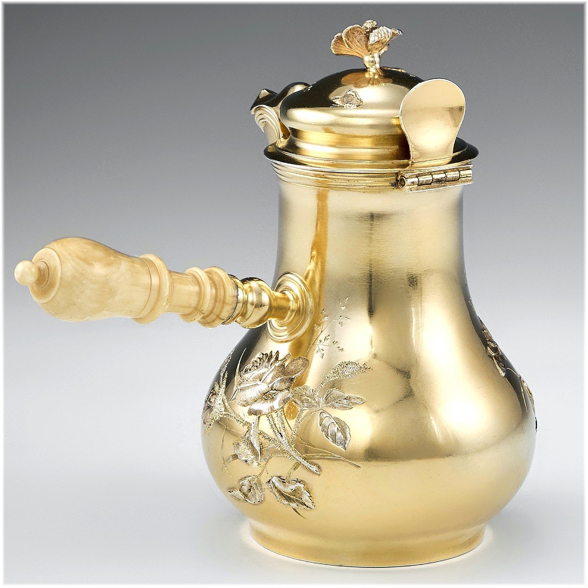 Odiot : Antique Vermeil Sterling Silver Coffee Pot - Ivory Handle - Japonisme Decor C.1900-photo-3