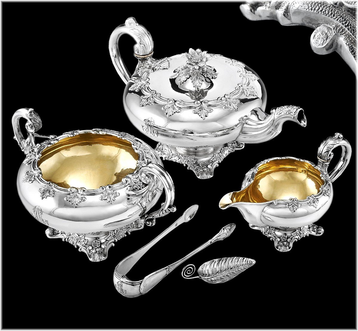 Charles Nicolas  ODIOT :  Service à Thé en Argent Massif et Vermeil c. 1840  - Coffret d'Origine-photo-3