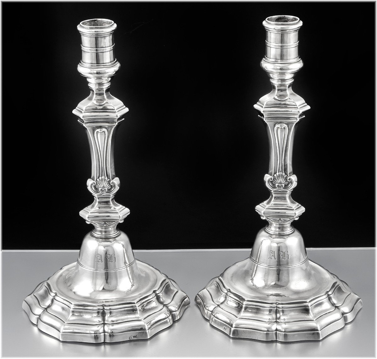Claude Genu : Extremely Rare 18th Century Pair Of Solid Silver Candlesticks  Paris 1749-photo-4