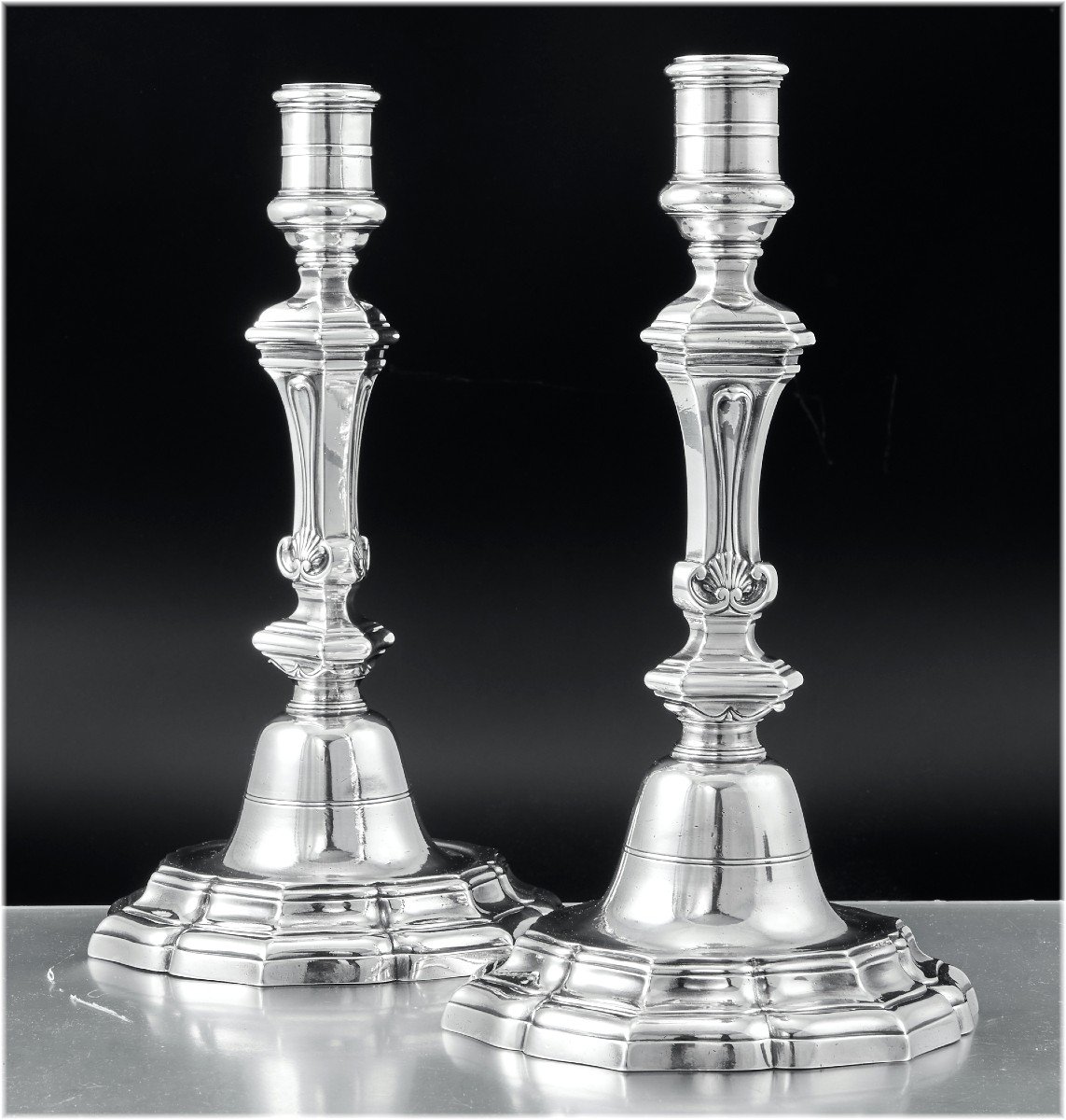Claude Genu : Extremely Rare 18th Century Pair Of Solid Silver Candlesticks  Paris 1749