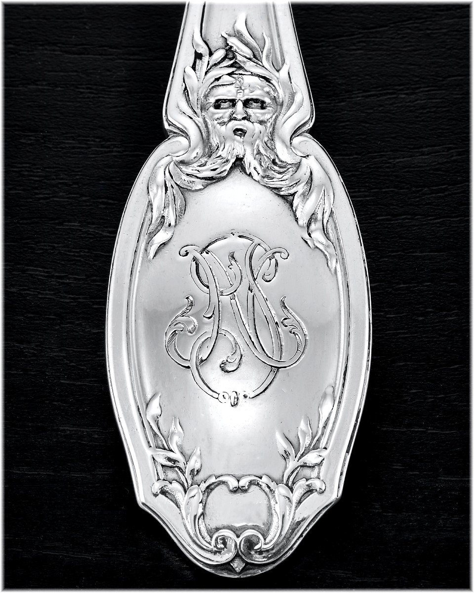 RISLER & CARRE : Ménagère en Argent Massif Mascarons / Greenman 50 pièces - Coffret Chêne-photo-3