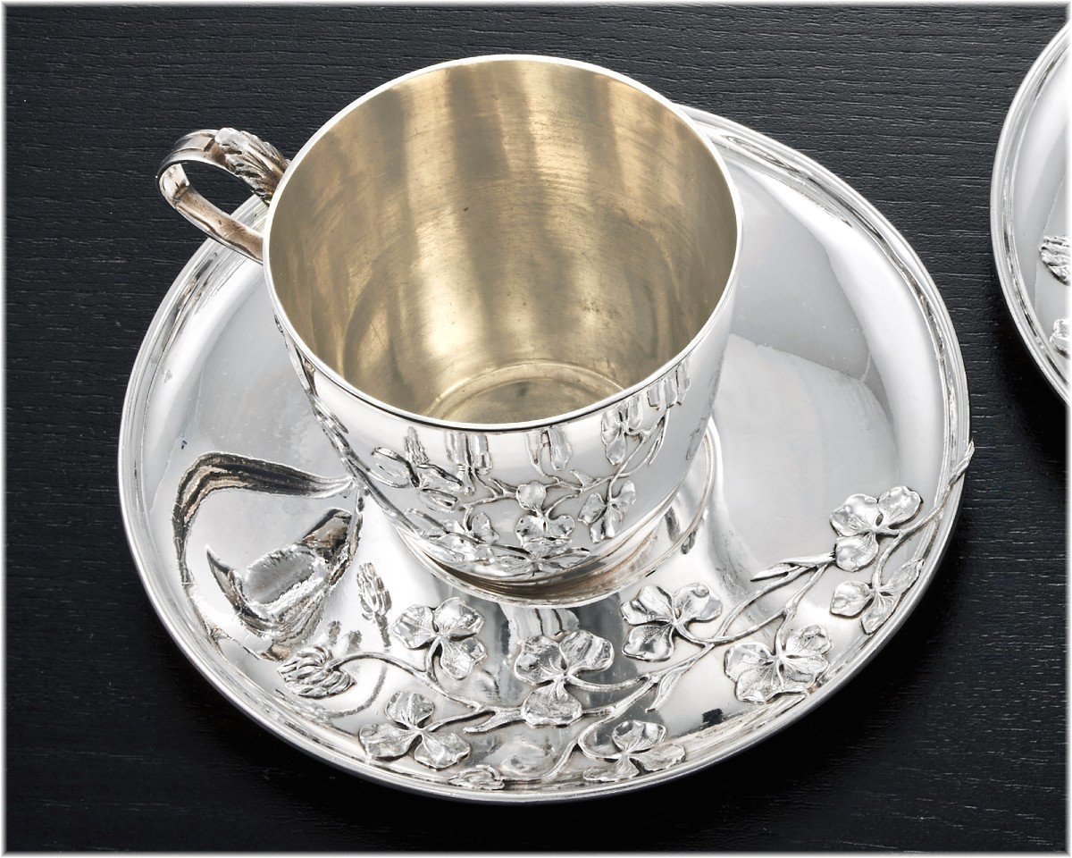 Armand Gross : Paire Tasses / Soucoupes en Argent Massif ép. Art Nouveau c.1900 - décor TREFLES-photo-2