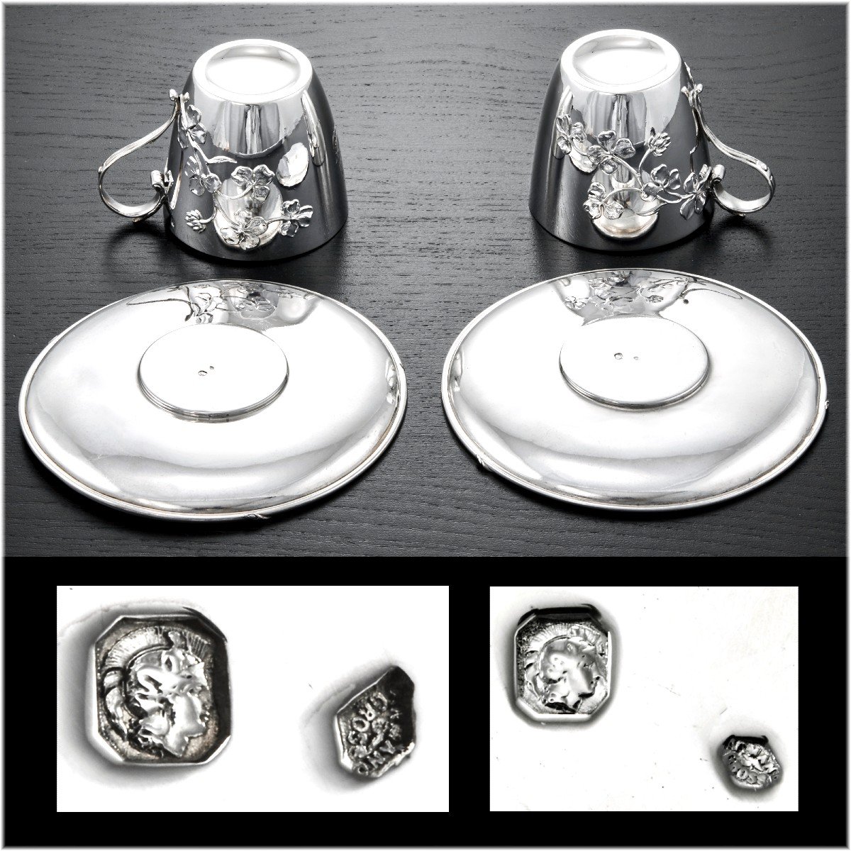 Armand Gross : Paire Tasses / Soucoupes en Argent Massif ép. Art Nouveau c.1900 - décor TREFLES-photo-6