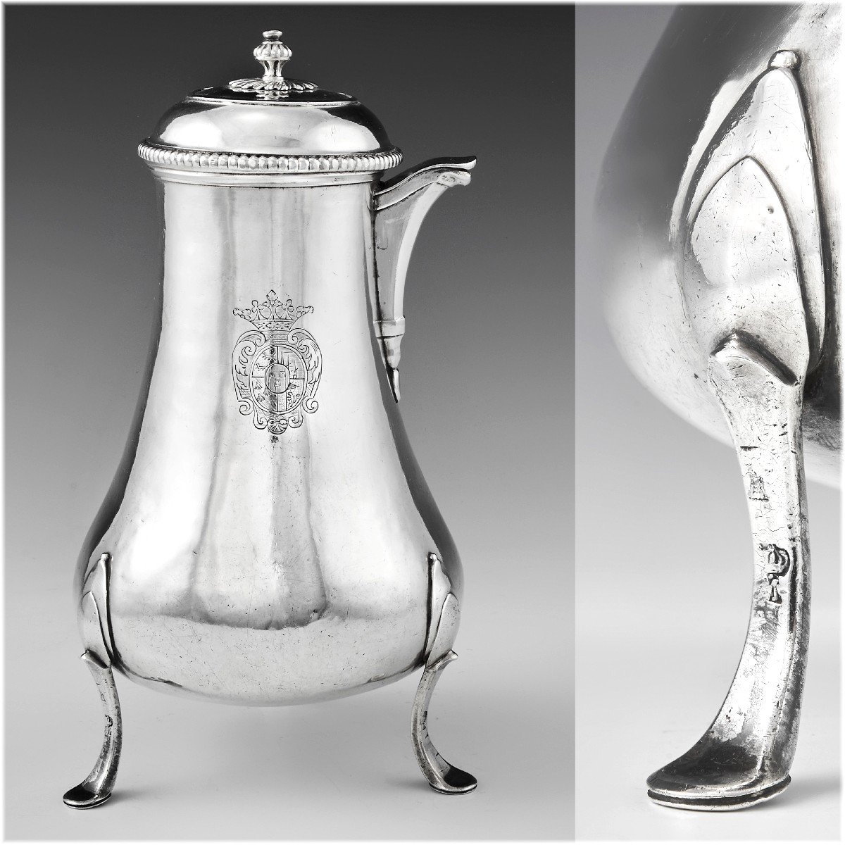 Pierre Meneton : 18th Century French Sterling Silver Coffee Pot - Pau Circa 1770 - Period Coat Of Arms-photo-2