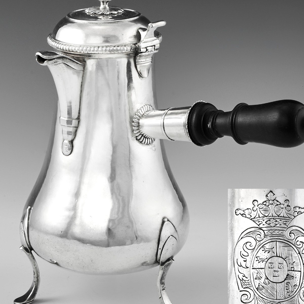 Pierre Meneton : 18th Century French Sterling Silver Coffee Pot - Pau Circa 1770 - Period Coat Of Arms