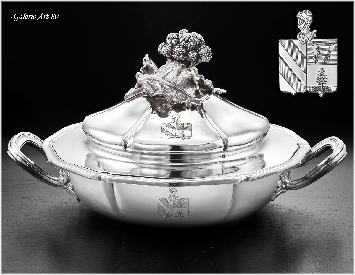 Gustave Odiot : Antique French Sterling Silver Tureen - Broccoli Finial - Coat Of Arms
