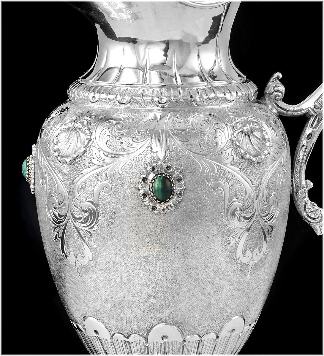 Large Solid Silver Ewer And Its Display Stand  - Malachite Cabochons-photo-2