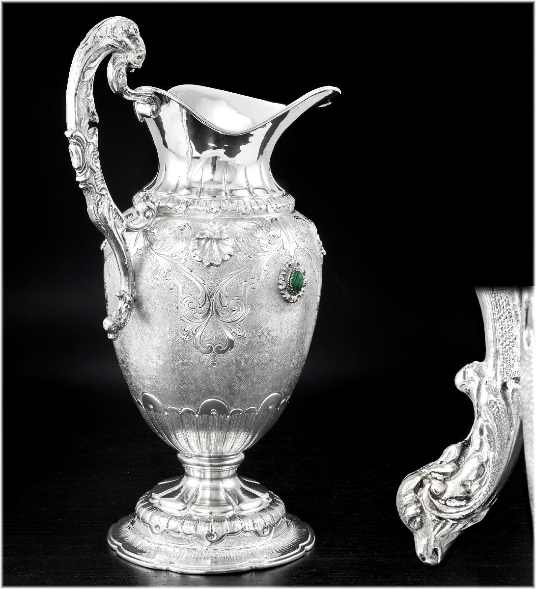 Large Solid Silver Ewer And Its Display Stand  - Malachite Cabochons-photo-3