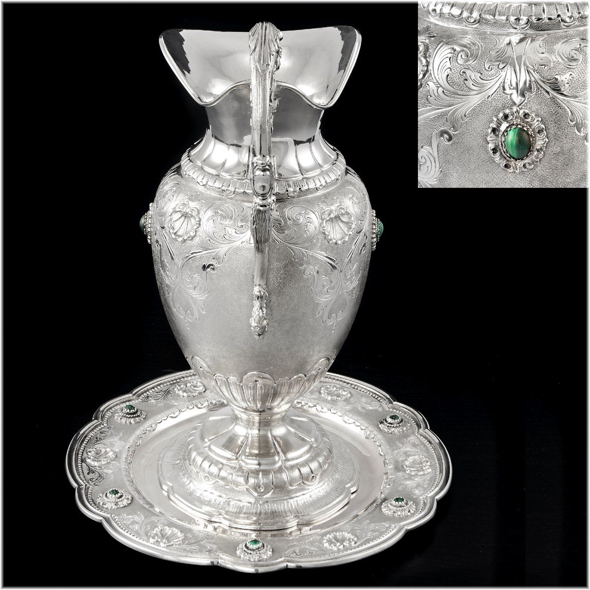 Large Solid Silver Ewer And Its Display Stand  - Malachite Cabochons-photo-1
