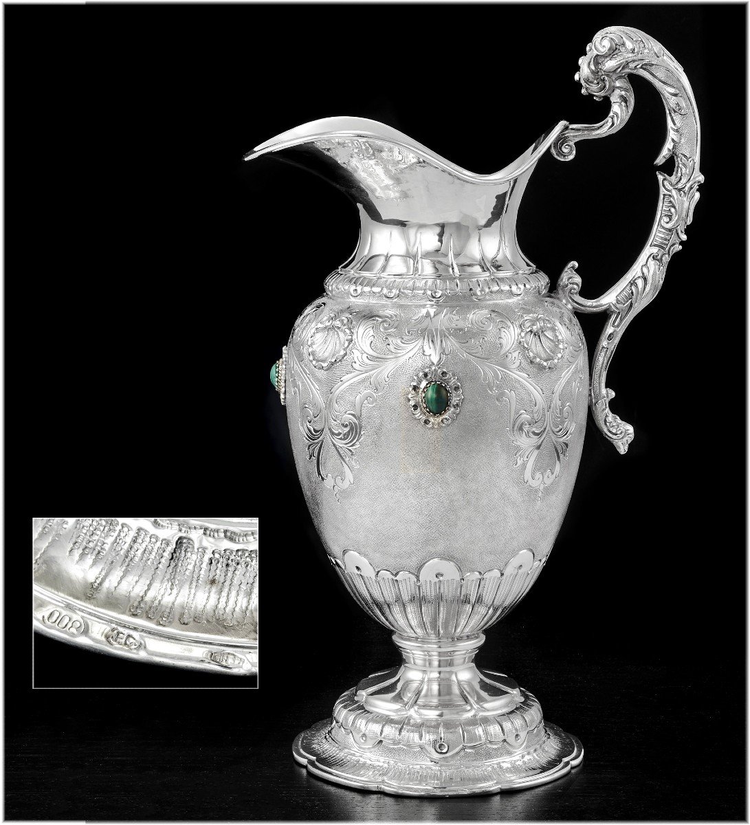 Large Solid Silver Ewer And Its Display Stand  - Malachite Cabochons-photo-7