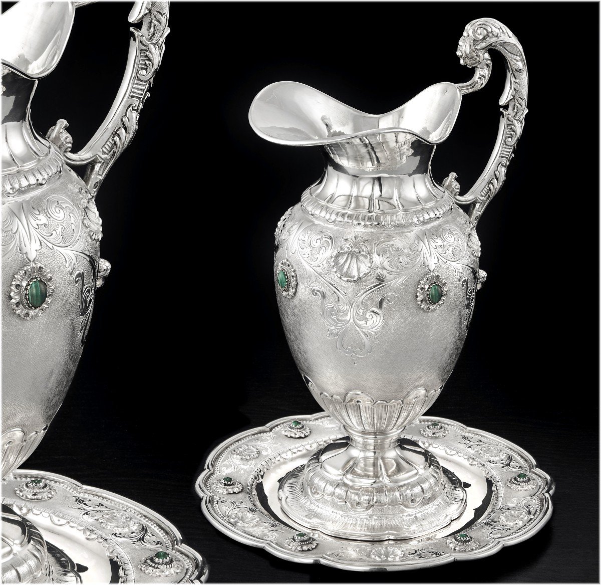 Large Solid Silver Ewer And Its Display Stand  - Malachite Cabochons