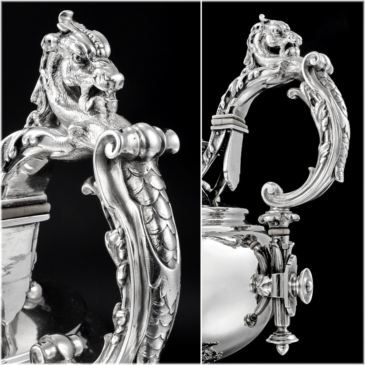 TALLOIS & MAYENCE : Grande Théière en Argent Massif style Renaissance décor Griffon, Mascaron-photo-2