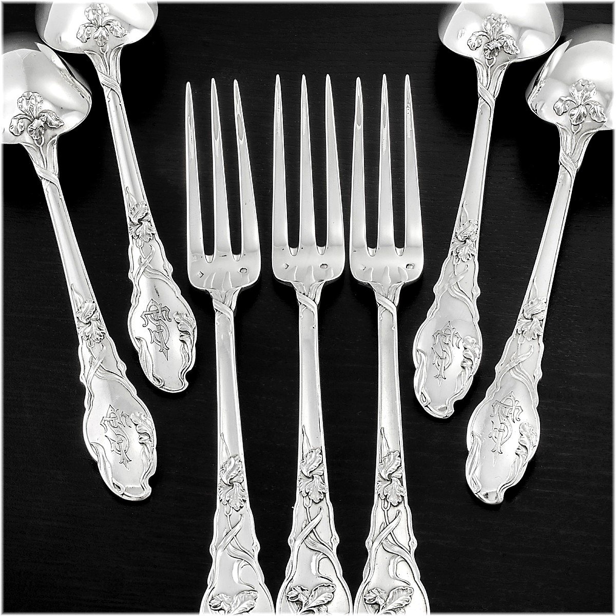 Ravinet & Denfert : Rare Large Art Nouveau Sterling Silver Flatware Set - Iris Pattern-photo-1