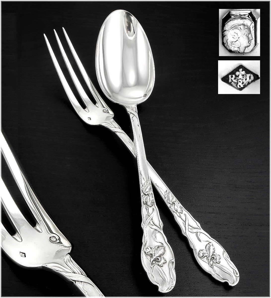 Ravinet & Denfert : Rare Large Art Nouveau Sterling Silver Flatware Set - Iris Pattern-photo-4