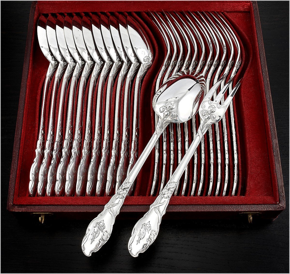 Ravinet & Denfert : Rare Large Art Nouveau Sterling Silver Flatware Set - Iris Pattern-photo-7