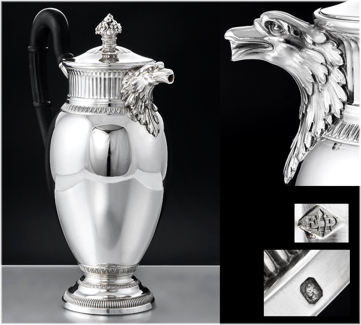 Puiforcat: Antique Tea - Coffee Set In Sterling Silver Vermei Empire Style - Eagles-photo-4