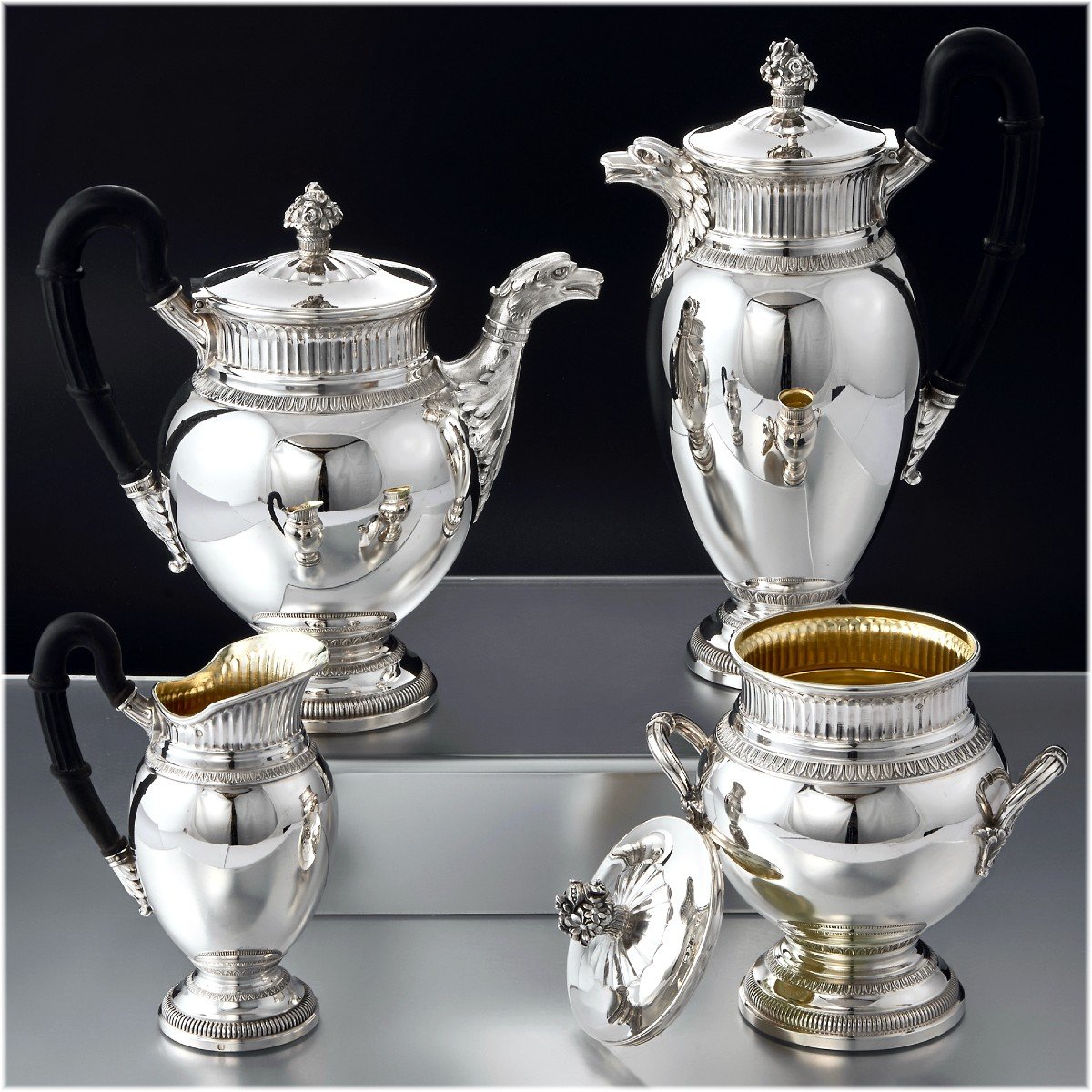 Puiforcat: Antique Tea - Coffee Set In Sterling Silver Vermei Empire Style - Eagles