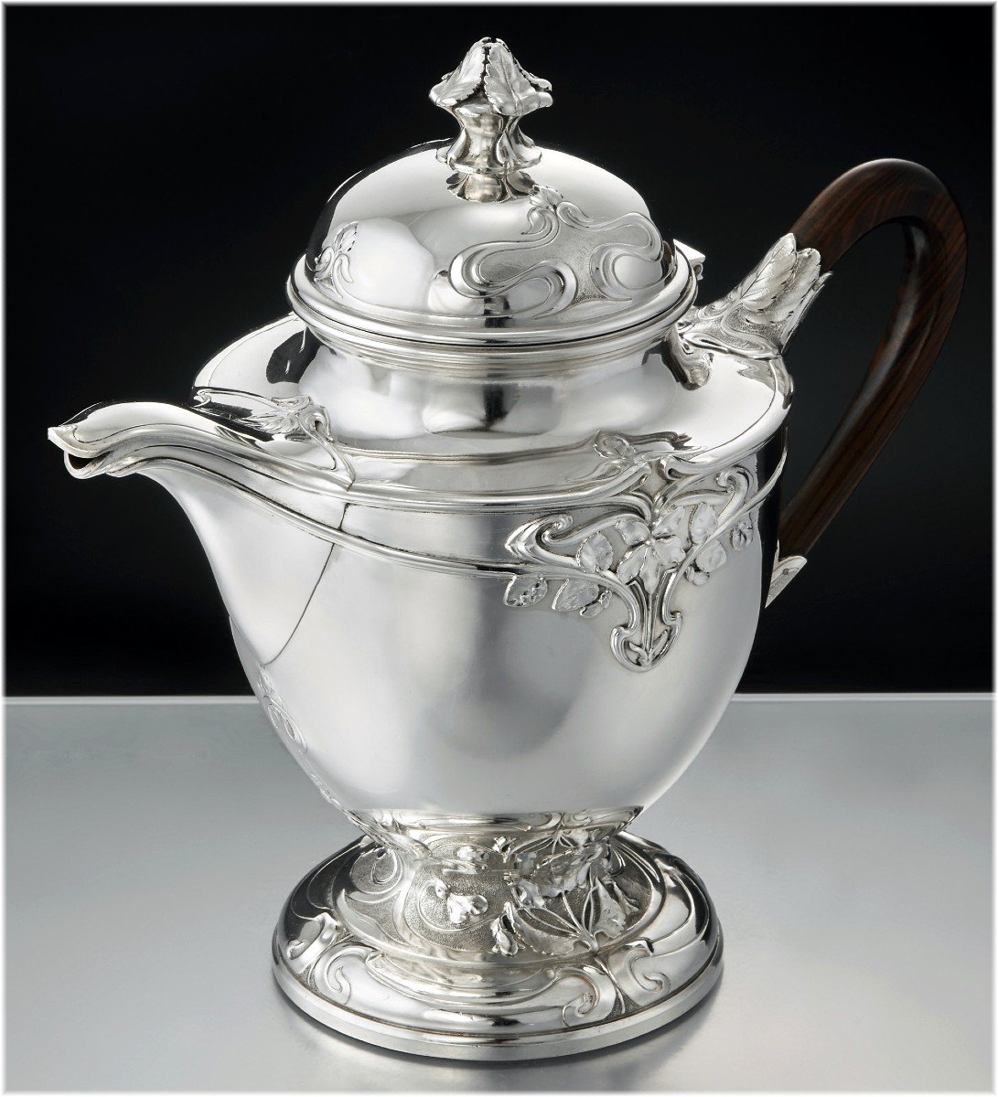 Henin : Large French Art Nouveau Sterling Silver Tea & Coffee Set - Violet Pattern-photo-1